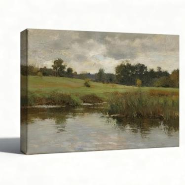 Imagem de Arte de parede em tela de paisagem, pintura a óleo Country Meadow, caminho de fazenda por lago, impressionista, pronto para pendurar, exibição de mesa, decoração de quarto de sala de estar, 20 x 25 cm