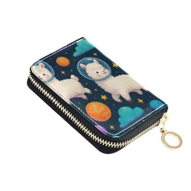 Imagem de Carteira feminina pequena, porta-cartão de crédito, bloqueio de RFID, carteira de viagem de couro com zíper fofo lhamas azul astronauta