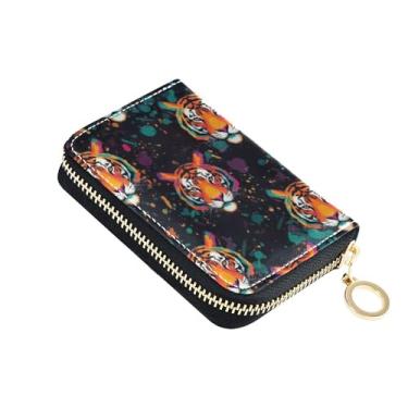 Imagem de Carteira feminina minimalista com zíper em torno de porta-cartões, bloqueio de RFID, vibrante aquarela, tigres, preto, zíper, porta-cartões e dinheiro