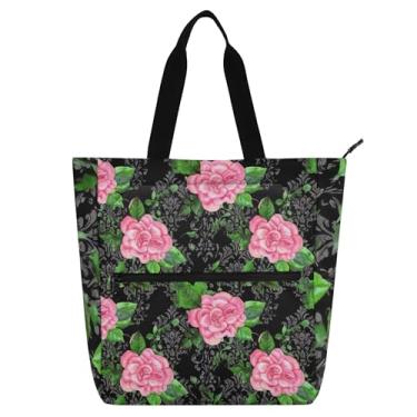 Imagem de GAIGEO Sacolas de trabalho pretas florais com rosas e folhas verdes para mulheres, bolsas de lona, faculdade, escola, bolsas para professores, amantes de livros