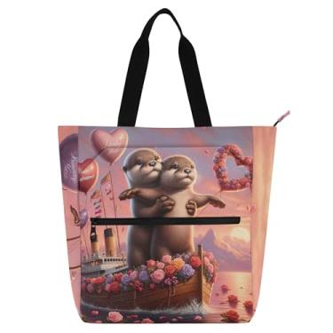 Imagem de GAIGEO Otters Romântico Titanic Love Ship Book Tote Bag para Mulheres Crianças Bonito Estampa Animal Zíper Escolar Trabalho Viagem