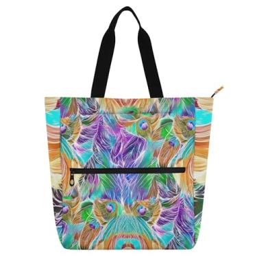 Imagem de Sacolas femininas coloridas com penas de pavão para trabalho, lona, faculdade, escola, bolsas médias, para amantes de livros, presentes