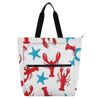 Imagem de GAIGEO Sacola feminina de lagosta vermelha, estrela-do-mar, azul, para trabalho, lona, zíper, bolsa de praia, professores, amantes de livros
