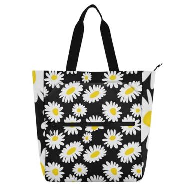 Imagem de GAIGEO White Daisies Bolsas femininas pretas sólidas para trabalho, lona, praia, escola, bolsa reutilizável, para amantes de livros