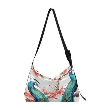 Imagem de Baleia flutuante em um redemoinho azul, bolsa de ombro de couro macio para mulheres, bolsa transversal com alça grossa, Pavões na árvore com flores cor-de-rosa - 3, One Size