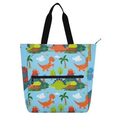 Imagem de GAIGEO Lindos dinossauros bolsa de trabalho de paisagem para mulheres bolsa de lona para livros de praia com zíper bolsas femininas infantis amantes de livros
