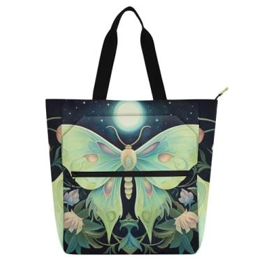 Imagem de GAIGEO Luna Moth Bolsas de trabalho florais para mulheres, bolsa de lona para livros de praia com zíper, lindas bolsas infantis para amantes de livros