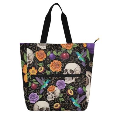 Imagem de Sacolas femininas vintage com caveiras coloridas florais para trabalho, lona, praia, livro, com zíper, bolsas para professores, presente para amantes de livros