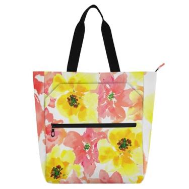 Imagem de Bolsa feminina floral amarela rosa aquarela bolsa de trabalho lona bolsa escolar com zíper carteiro bolsas para amantes de livros presentes