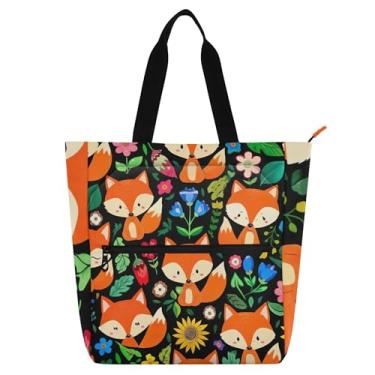 Imagem de GAIGEO Lindas bolsas de trabalho de raposas de desenho animado para mulheres, bolsa de lona para livros de praia, bolsa de viagem com zíper, bolsa de viagem com compartimentos
