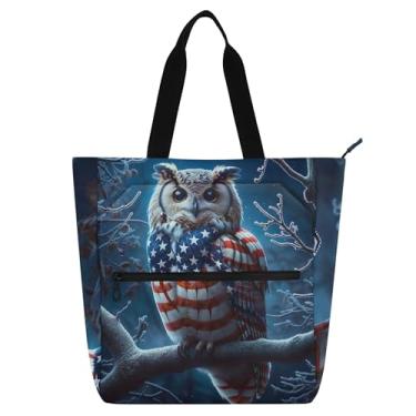 Imagem de Sacolas de trabalho engraçadas de coruja com bandeira americana para mulheres, bolsas de tecido de lona, universidade, escola, utilitário, bolsas infantis, presente para amantes de livros