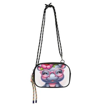 Imagem de TSENQUE Bolsa tiracolo feminina pequena com estampa de hipopótamo de desenho animado para celular bolsa de ombro de viagem moda