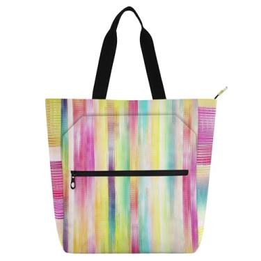 Imagem de GAIGEO Bolsa feminina colorida com listras verticais pastel, bolsa de trabalho de lona, bolsa escolar universitária, bolsa feminina infantil com compartimentos