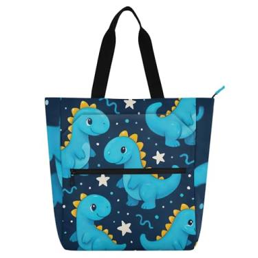 Imagem de Sacola feminina linda de desenho animado azul com dinossauros para trabalho, lona, praia, livro, bolsa com zíper, carteiro, presente para amantes de livros