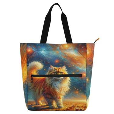 Imagem de GAIGEO Sacolas de trabalho femininas com estampa de gato espacial, bolsa de lona para livros de praia, zíper infantil, presente fofo para amantes de livros