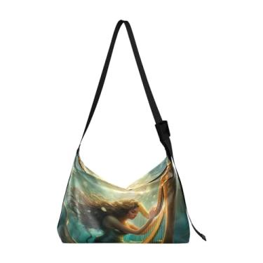 Imagem de Bolsa Hobo Dia de São Patrício em aquarela com zíper, bolsa tiracolo de couro masculina, bolsa de couro grande transversal, Mermaid is Playing Harp in the Water, One Size