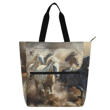 Imagem de GAIGEO Bolsa feminina Wild Horses Galope para trabalho, lona, praia, livro, tecido com zíper, presente para amantes de livros