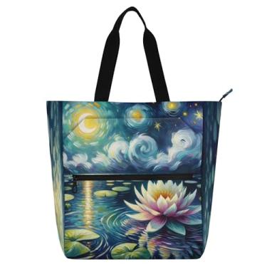 Imagem de GAIGEO Sacola feminina azul de lírio de água estrelada para trabalho de lona, praia, escola, bolsa de mão de tecido com compartimentos