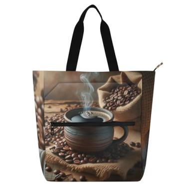 Imagem de GAIGEO Sacola feminina em grãos de café para trabalho de lona com zíper bolsa de praia utilitária presente de escritório para amantes de livros