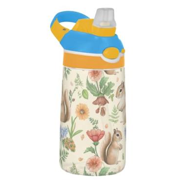 Imagem de Cute Squirrels Wildflowers Leaves Garrafa de água esportiva infantil para escola, garrafa de água Tritan de 473 ml com canudo, copo de viagem infantil à prova de vazamento, reutilizável, alça de