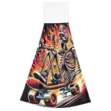 Imagem de Joisal Cool Skeleton Skateboard Print Fall Hanging Kitchen Toalhas de Banheiro Conjunto de 2 Toalhas de Cozinha Ultra Absorventes Decorativas, 18,2 x 14 Polegadas