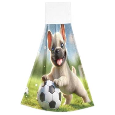 Imagem de Joitme Adorável buldogue filhote de cachorro toalhas de mão primavera com laços para pendurar forno toalha de dedo conjunto de 2 toalhas de mão de cozinha altamente absorventes decorativas, 18,2 x 14