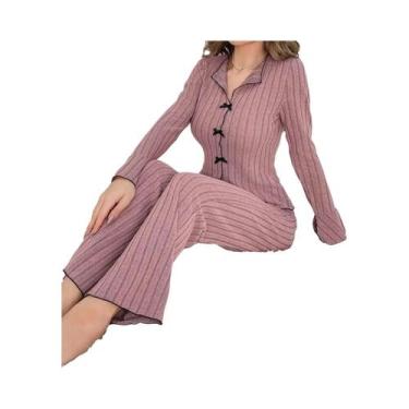 Imagem de Conjunto De Pijamas De Flanela Feminino Com Manga Longa, Gola Com Laço