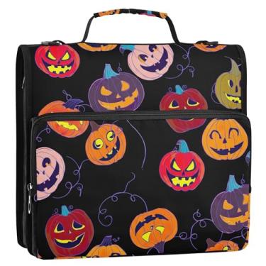 Imagem de Organizador de fichário colorido com zíper, 3 anéis, abóboras, preto, sorriso, com alça para fichários escolares, bolsa com alça de ombro