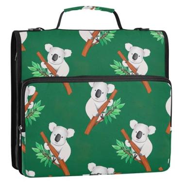 Imagem de Organizador de fichário floral com zíper, 3 anéis, 3 anéis, folhas de coala, verde, vários bolsos, pasta grande para fichários escolares com alça de ombro