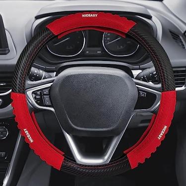 Imagem de NICEASY Capa de volante de fibra de carbono preta estilo esportivo com acessório de volante de aderência de tira vermelha, ajuste universal para volante de 37,5 a 38 cm