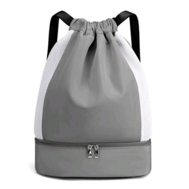 Imagem de Mochila Esportiva com Compartimento Duplo, Cordão de Fechamento, Cinza e Branco, Design Mesh Lateral (cinzento)