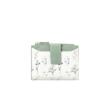 Imagem de Carteira pequena feminina com bloqueio de RFID, couro vegano, dobrável, floral, porta-cartões compacta, com bolso com zíper e janela para identidade, Verde, Clássico
