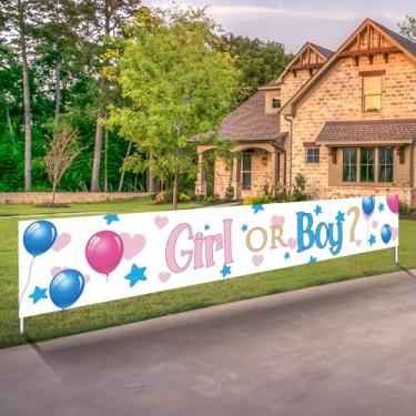 Imagem de Faixa de jardim rosa azul revelador de gênero menino ou gril chá de bebê festa gramado varanda banner pendurado para cabine de fotos internas ao ar livre suprimentos 299 x 50 cm