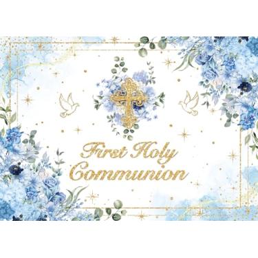 Imagem de Pano de fundo First Holy Communion para meninos, God Bless, azul, floral, glitter, decoração de festa de batizado, faixa para decoração de chá de bebê recém-nascido (azul, 304,8 x 243,8 cm (10 x 8 pés