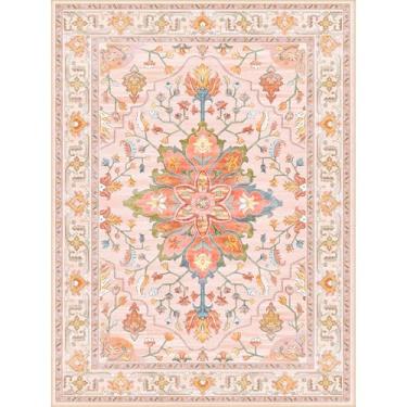 Imagem de RELEANY Tapetes de área quadrados de 1,8 m, lavável, antiderrapante, estampa floral, vintage, tapete medalhão para sala de estar, quarto, sala de jantar, rosa claro, colorido
