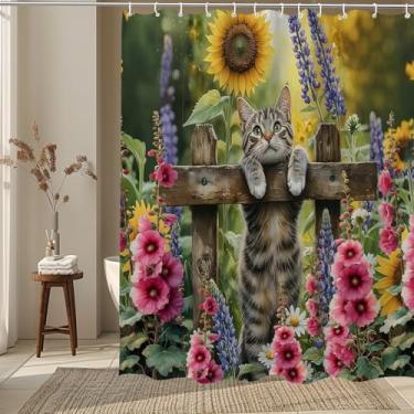 Imagem de VAVBYE Cortina de chuveiro de gato engraçada com girassol, colorido, floral, cortinas de chuveiro de tecido de jardim de primavera para decoração de banheiro 182 x 182 cm