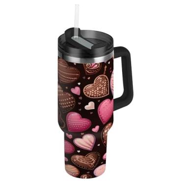 Imagem de Blueangle Copo de coração de chocolate de 850 g com alça e tampa de palha, caneca de viagem de aço inoxidável isolada a vácuo de parede dupla, garrafa de água reutilizável para academia de escritório