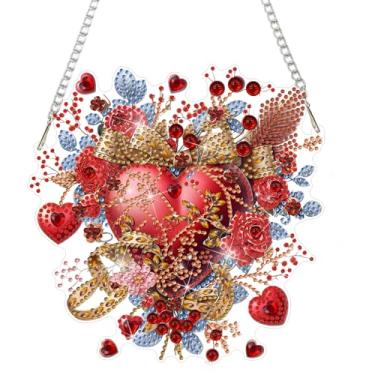 Imagem de DOMROM Kits de pendurar arte de diamante de coração para adultos iniciantes, pingente de coração com pintura de diamante de formato especial, arte de diamante faça você mesmo, apanhadores de sol, dia