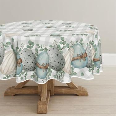 Imagem de Horaldaily Toalha de mesa redonda de Páscoa, 152 cm x 152 cm, folhas de ovos de páscoa, xadrez de eucalipto, lavável, para decoração de festa, piquenique, jantar