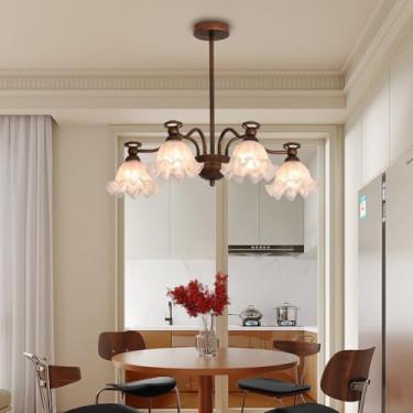 Imagem de Lustre vintage de vidro com 8 lâmpadas, luminária de teto em bronze com cúpula em formato de flor, luminária pendente de metal antigo, ideal para casa de campo, restaurante, cozinha, sala de