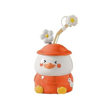 Imagem de Conjunto de canecas de café fofas de cerâmica portátil com canudo e colher xícara de chá criativa para café cacau 400 ml/382.7 g reutilizável casa bonita