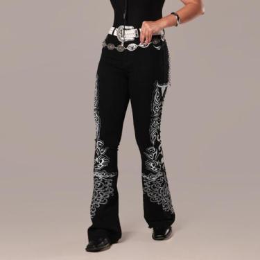 Imagem de Calça Jeans Preta Feminina Flare Estampada Longhorn Brilhos Strass Cin