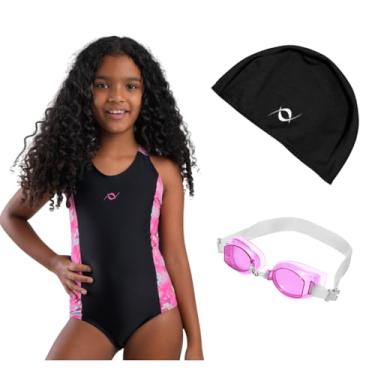 Imagem de Kit Maiô Natação Infantil Touca Tecido Infantil E Óculos Uv (Preto/Estampa Pink Fada - Óculos Rosa, 8)