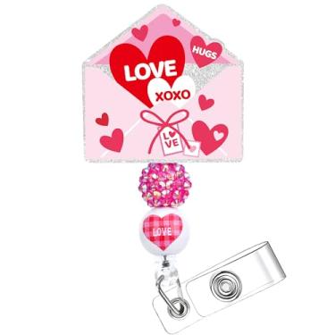 Imagem de Carretel de crachá de dia dos namorados, porta-identidade retrátil, coração rosa fofo, clipe de crachá, acessórios de trabalho, presentes para enfermeiras, professores, funcionários de escritório