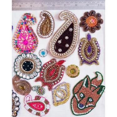 Imagem de Conjunto de apliques de bordado Zardozi com 20 peças | Enfeites feitos à mão com contas e lantejoulas para sáris, vestidos, Lehengas, artesanato e projetos de costura | Motivos decorativos indianos