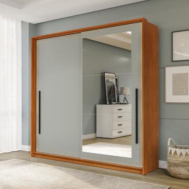 Imagem de Guarda Roupa Roupeiro 2 portas de correr 2 gavetas com Espelho Valência Freijó Verde Politorno Móveis