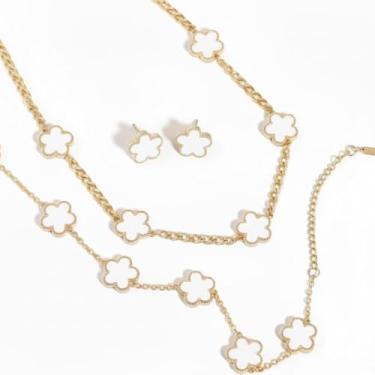 Imagem de CONJUNTO DE TRÊS PEÇAS DE COLAR, PULSEIRA E BRINCOS DE TREVO DE QUATRO FOLHAS (BRANCO) PARA TODAS AS OCASIÕES, PRESENTE NAMORADA, MÃE, AMIGA, FILHA