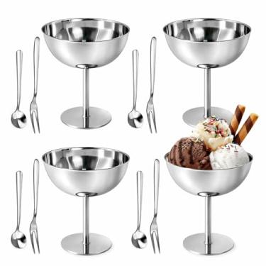 Imagem de YITOBA Pacote com 4 tigelas de sorvete de aço inoxidável, copos de sobremesa pequenos de 200 ml com colheres, lindos pratos de sorvete, tigela decorativa reutilizável com pés para sudae, pudim, salada