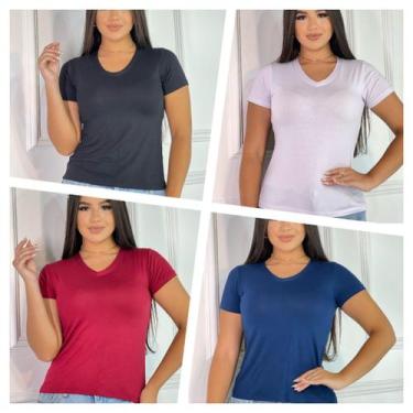 Imagem de Kit 4 Blusas Femininas Gola V Manga Curta - GK, Preto, Vermelho, Marin