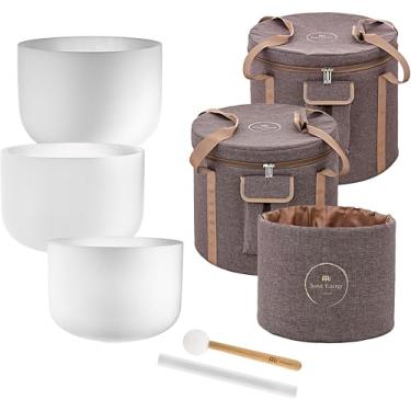 Imagem de Tigelas de cristal Meinl Sonic Energy para cantar, conjunto de 3 — quartzo fosco com marretas, bolsa, anéis de vedação — para meditação, ioga, banhos de som, cura de chakras